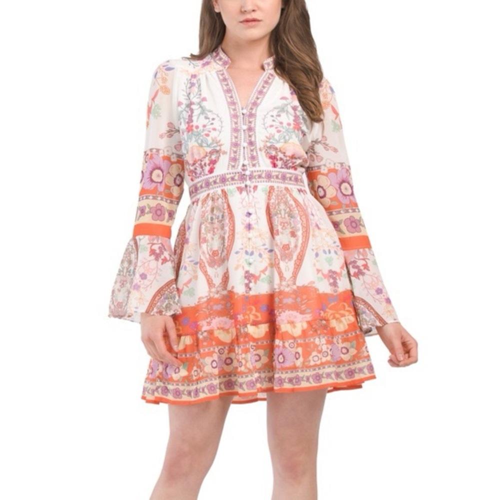 Dalia Macphee Floral Border Print Dress Floral Bohemian Dress Bell Sleeve small